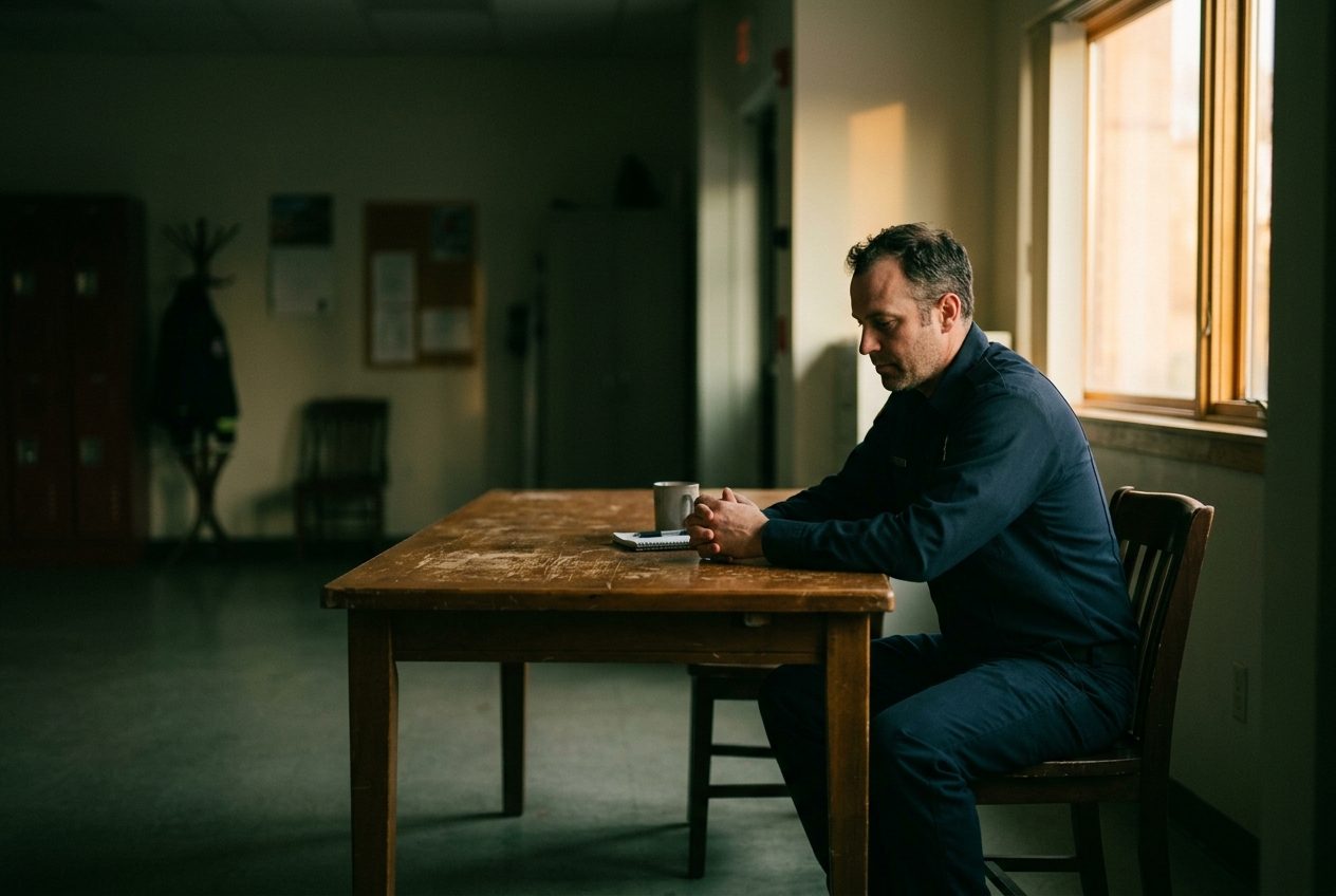 A first responder sitting quietly at a fire station between calls